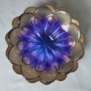 Vintage Walther Glas Bowl and Plate Gold Lilac Purple Iridescent Flower Germany
